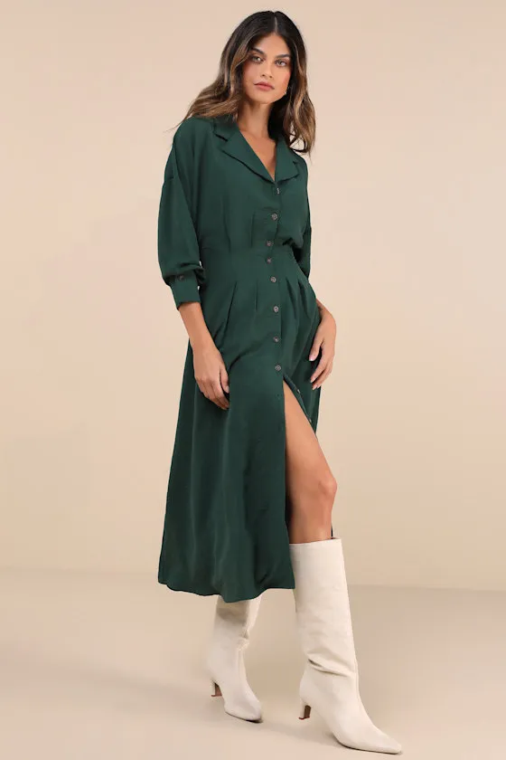 Timeless Class Dark Green Collared Button-Up Pleated Midi Dress sold by Lulus product image thumbnail 2