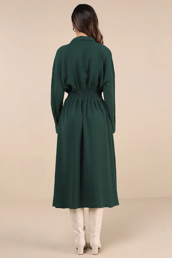 Timeless Class Dark Green Collared Button-Up Pleated Midi Dress sold by Lulus product image thumbnail 3