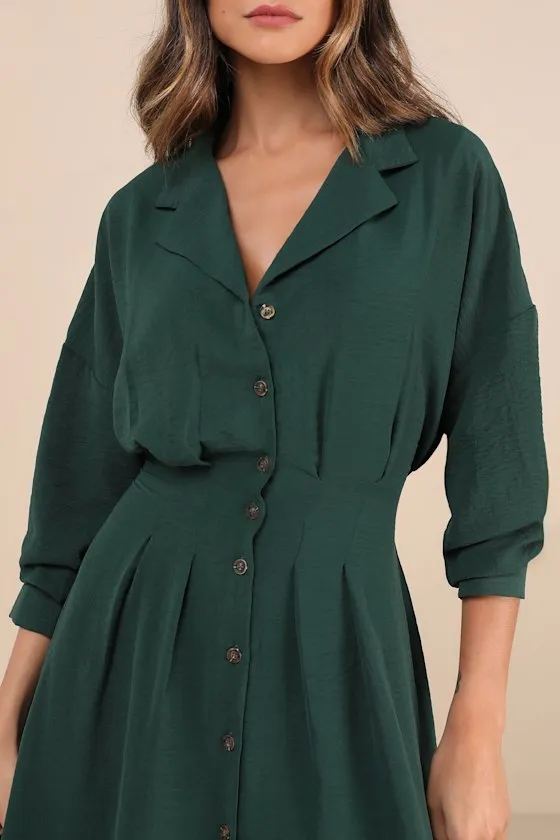 Timeless Class Dark Green Collared Button-Up Pleated Midi Dress sold by Lulus product image thumbnail 4