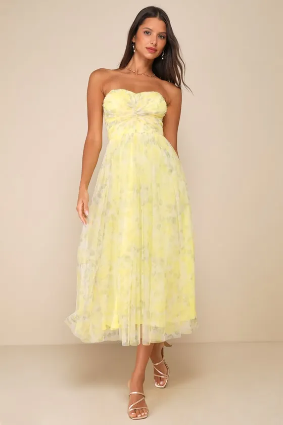 Perfect Whimsy Yellow Floral Mesh Strapless Midi Dress sold by Lulus
