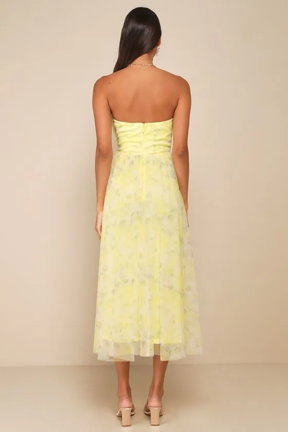 Perfect Whimsy Yellow Floral Mesh Strapless Midi Dress sold by Lulus product image thumbnail 2