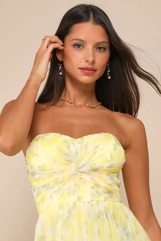 Perfect Whimsy Yellow Floral Mesh Strapless Midi Dress sold by Lulus product image thumbnail 4