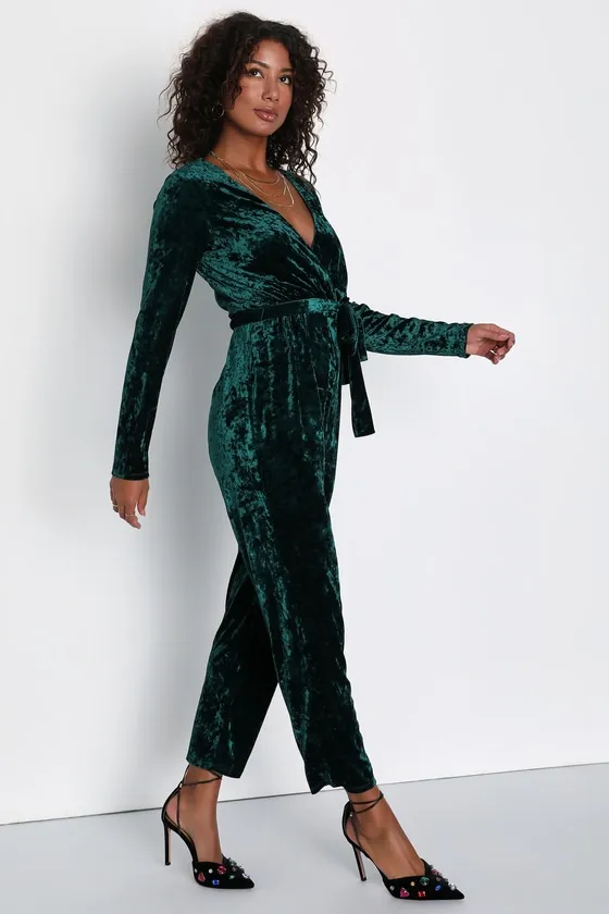 Flawless Icon Emerald Crushed Velvet Straight Leg Jumpsuit sold by Lulus product image thumbnail 4