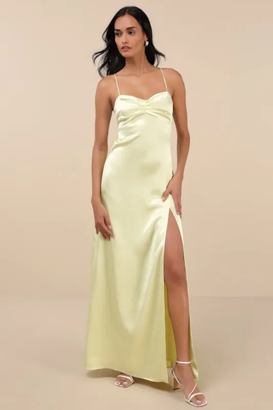 Stunning Example Light Yellow Satin Backless Maxi Dress sold by Lulus