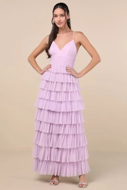 Radiant Event Lavender Mesh Tiered Ruffled Backless Maxi Dress sold by Lulus