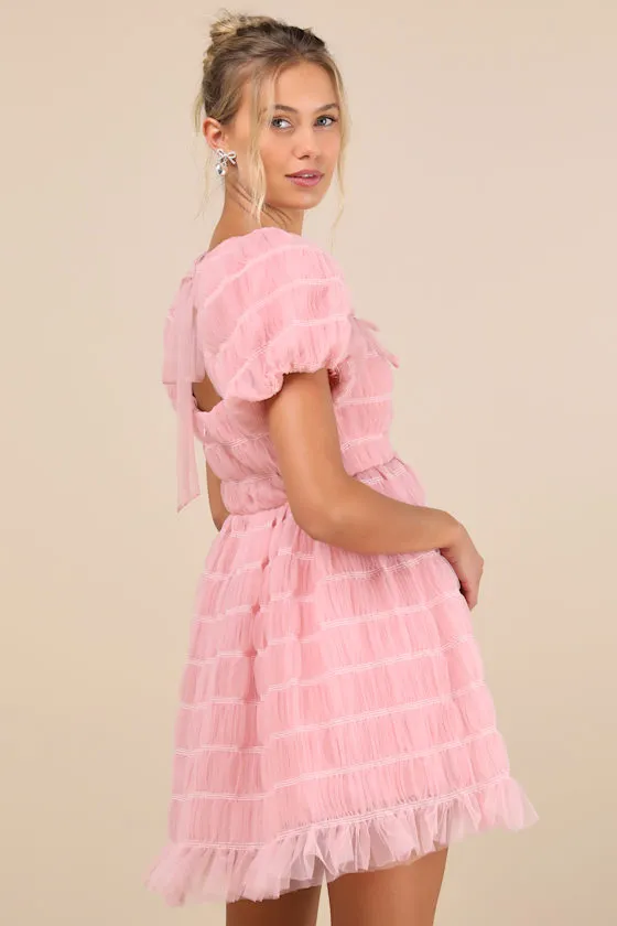 Utterly Adored Pink Tulle Textured Puff Sleeve Bow Mini Dress sold by Lulus product image thumbnail 2