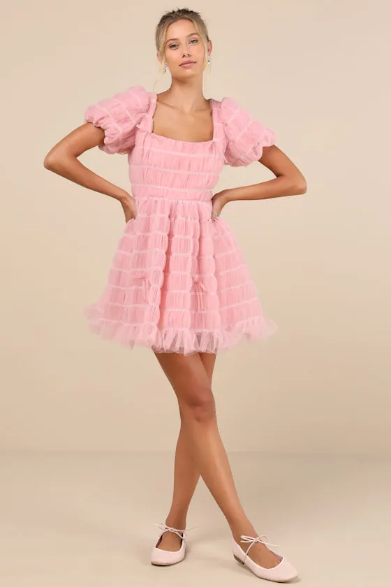 Utterly Adored Pink Tulle Textured Puff Sleeve Bow Mini Dress sold by Lulus product image thumbnail 3