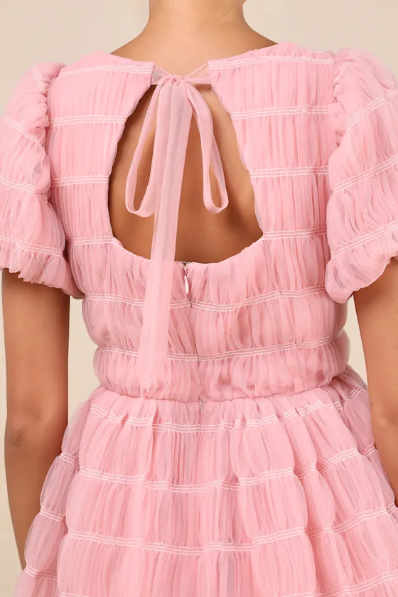 Utterly Adored Pink Tulle Textured Puff Sleeve Bow Mini Dress sold by Lulus product image thumbnail 4