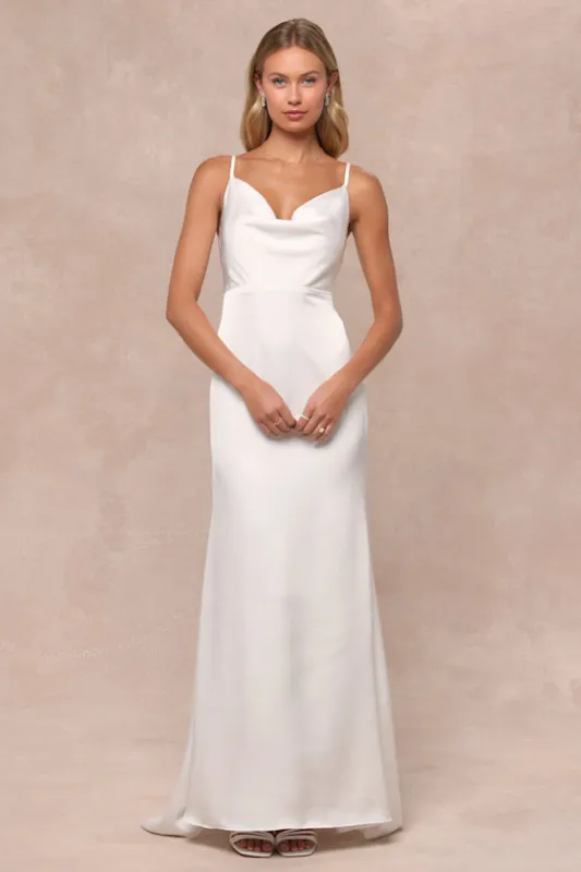 Pristine Romance White Satin Cowl Neck Mermaid Maxi Dress sold by Lulus