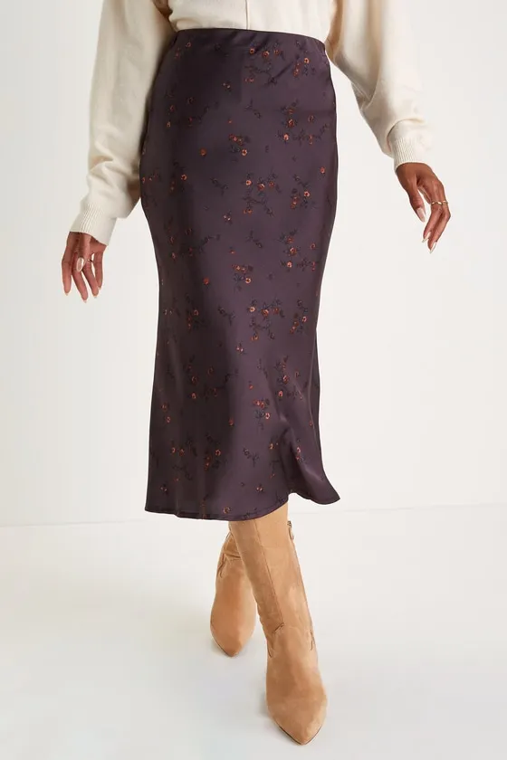 Refined Style Dark Purple Floral Print High-Waisted Midi Skirt sold by Lulus product image thumbnail 2