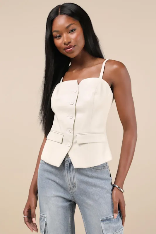 Chic Figure Cream Vegan Leather Button-Front Cami Vest Top sold by Lulus