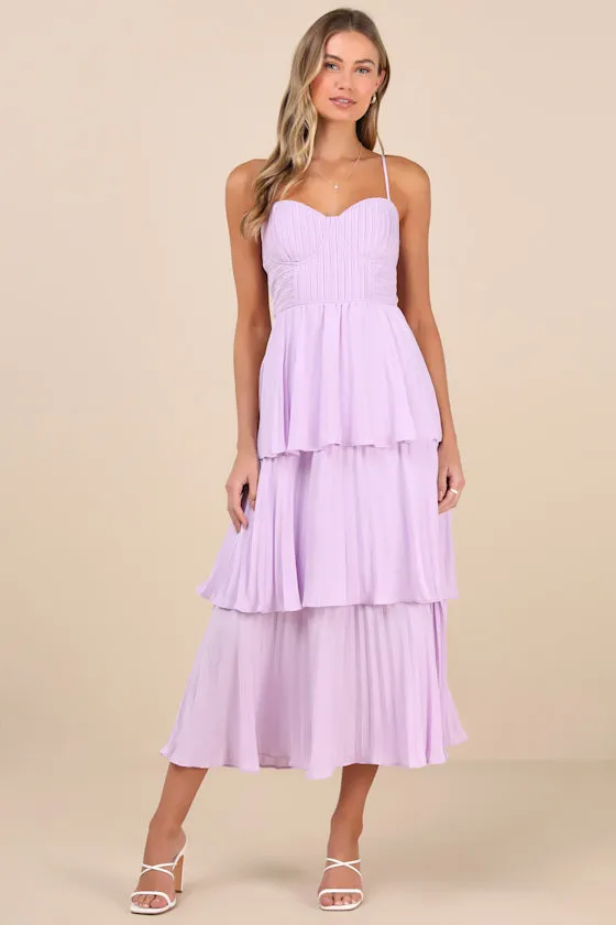 Cascading Crush Lavender Tiered Bustier Midi Dress sold by Lulus