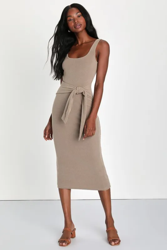Optimistic Essence Taupe Ribbed Knit Tie-Front Midi Dress sold by Lulus