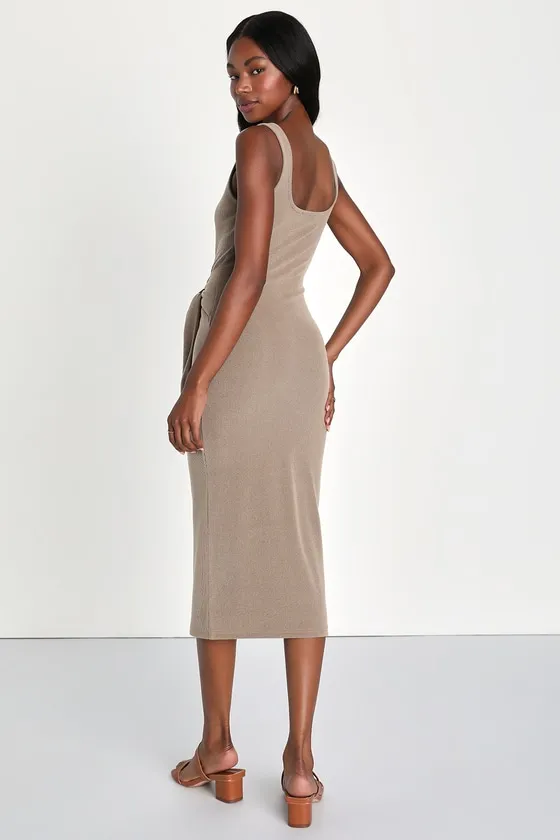 Optimistic Essence Taupe Ribbed Knit Tie-Front Midi Dress sold by Lulus product image thumbnail 2