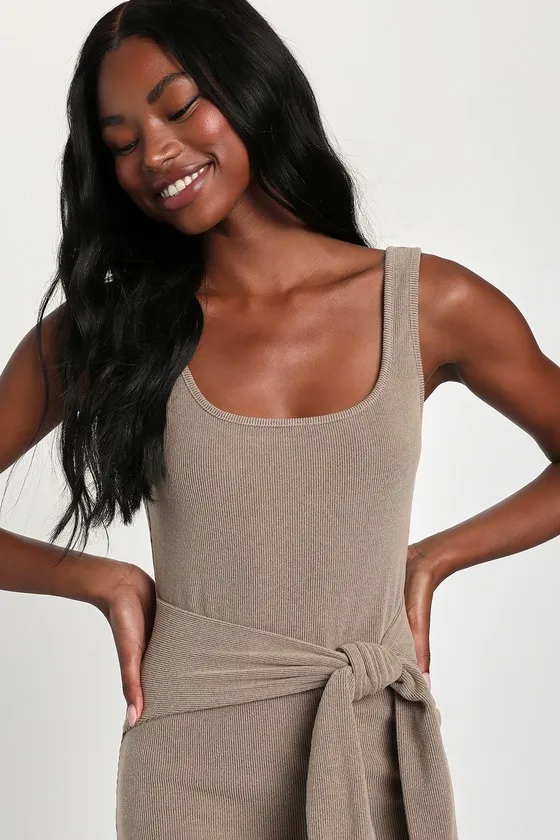 Optimistic Essence Taupe Ribbed Knit Tie-Front Midi Dress sold by Lulus product image thumbnail 3