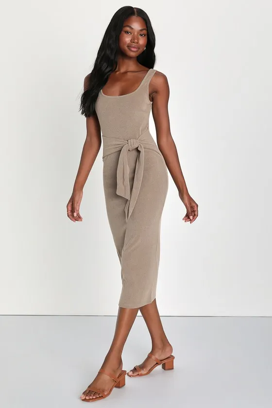 Optimistic Essence Taupe Ribbed Knit Tie-Front Midi Dress sold by Lulus product image thumbnail 4