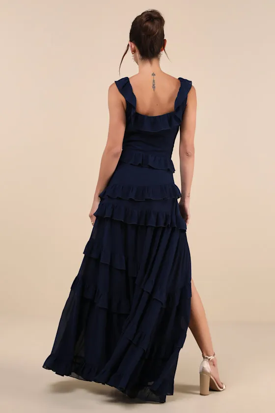 Compelling Romantic Dark Blue Ruffled Tiered Maxi Dress sold by Lulus product image thumbnail 3