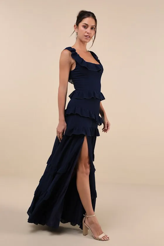 Compelling Romantic Dark Blue Ruffled Tiered Maxi Dress sold by Lulus product image thumbnail 4