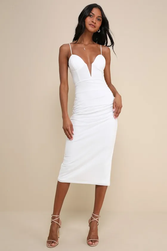 Uniquely Sophisticated White Bodycon Bustier Midi Dress sold by Lulus