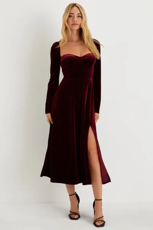 Precious Impression Burgundy Velvet Bustier Midi Dress sold by Lulus