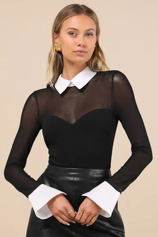 Confident Essence Black and White Mesh Long Sleeve Bodysuit sold by Lulus