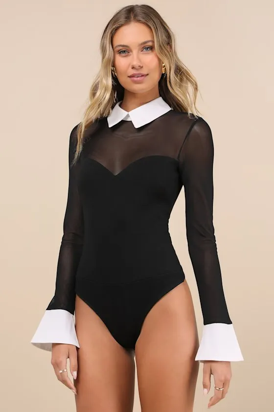 Confident Essence Black and White Mesh Long Sleeve Bodysuit sold by Lulus product image thumbnail 4