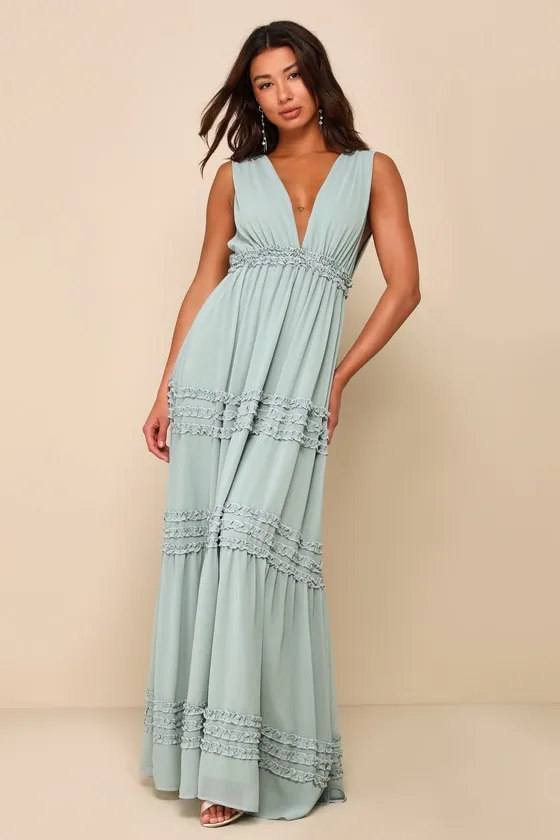 Adoring Effect Sage Brush Chiffon Tiered Ruffled Maxi Dress sold by Lulus