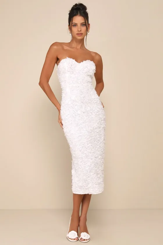 Gorgeous Mentality White 3D Floral Strapless Midi Dress sold by Lulus