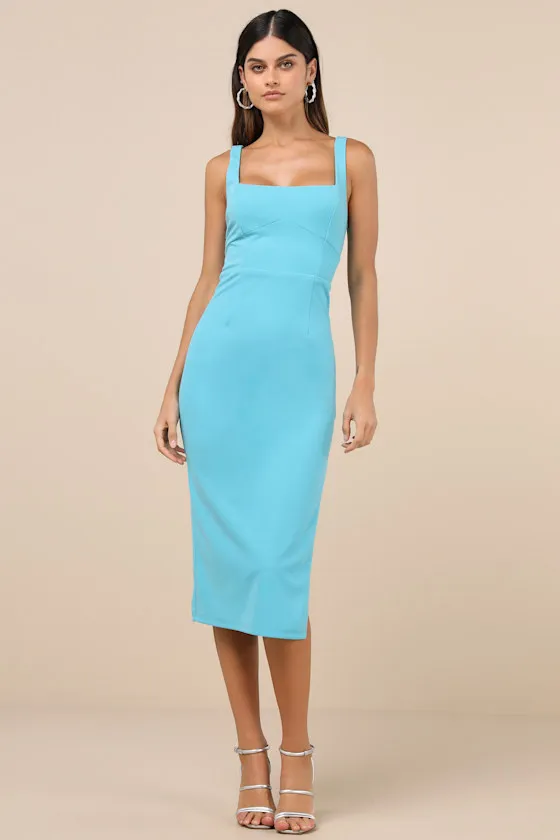 Vibrant Allure Aqua Square Neck Sleeveless Bodycon Midi Dress sold by Lulus