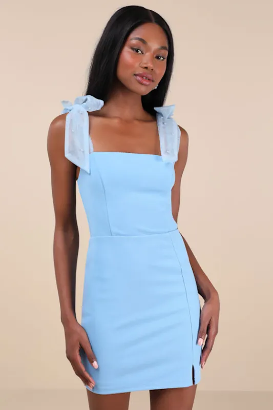 Beaming Perfection Light Blue Pearl Organza Tie-Strap Mini Dress sold by Lulus