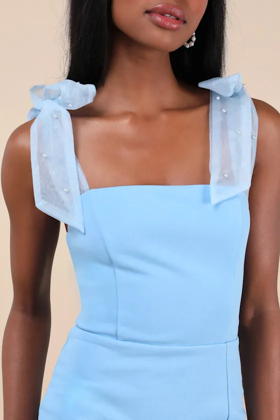 Beaming Perfection Light Blue Pearl Organza Tie-Strap Mini Dress sold by Lulus product image thumbnail 4