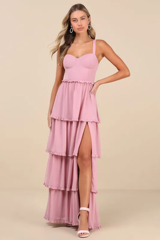 Sophisticated Occasion Pink Bustier Lace-Up Maxi Dress sold by Lulus