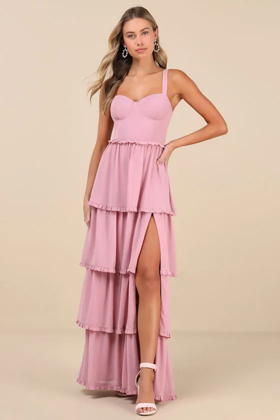 Sophisticated Occasion Pink Bustier Lace-Up Maxi Dress sold by Lulus