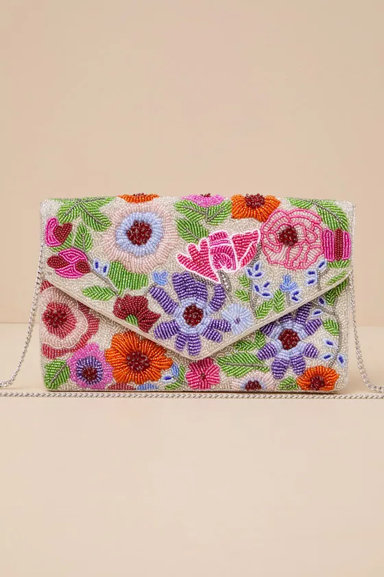 Klarity Ivory Multi Floral Beaded Envelope Clutch sold by Lulus