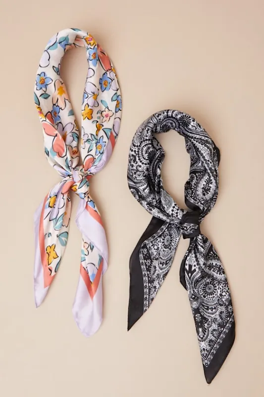 Caelia Black and Lilac Multi Printed Satin Scarf Set sold by Lulus