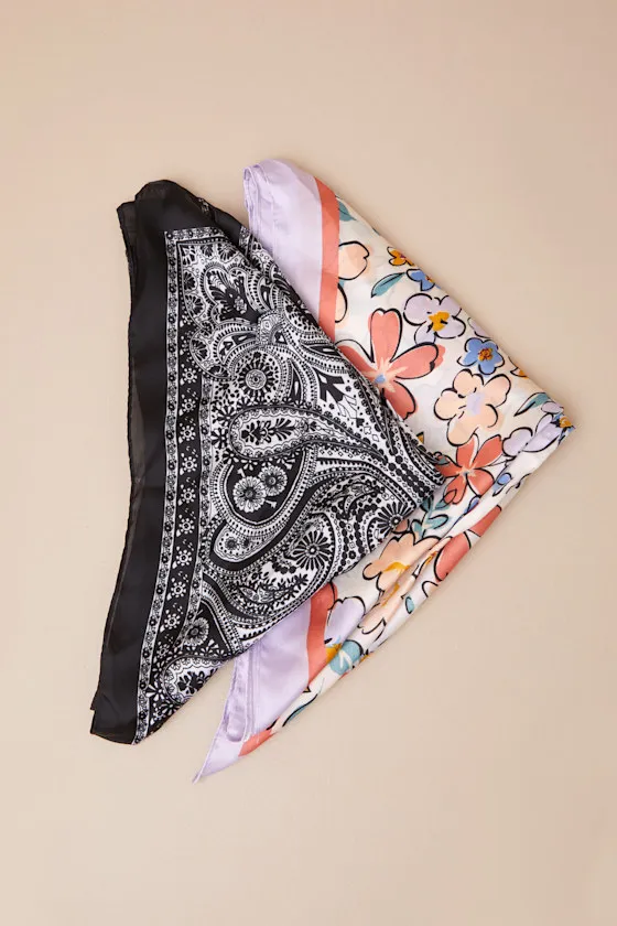 Caelia Black and Lilac Multi Printed Satin Scarf Set sold by Lulus product image thumbnail 2
