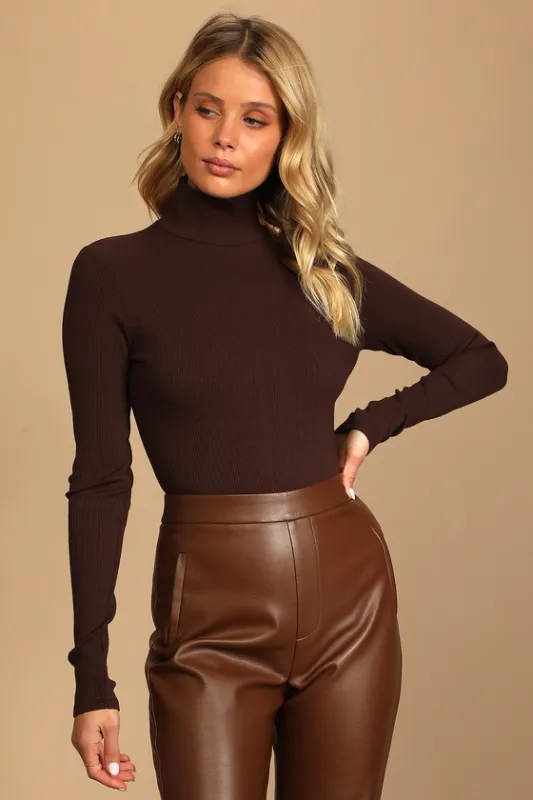 Wilde Dark Brown Ribbed Long Sleeve Mock Neck Bodysuit sold by Lulus