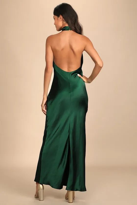 Love in Your Life Emerald Green Satin Halter Maxi Dress sold by Lulus product image thumbnail 2
