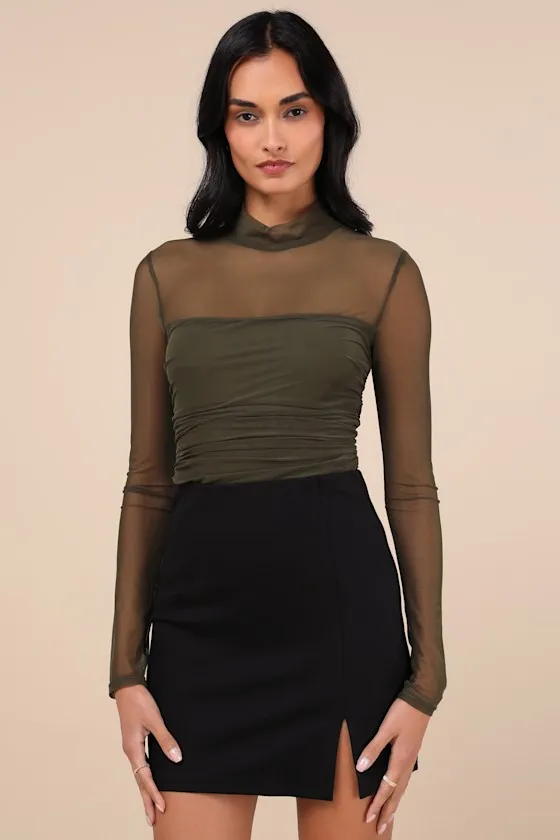 Clearly Alluring Olive Green Mesh Long Sleeve Mock Neck Bodysuit sold by Lulus