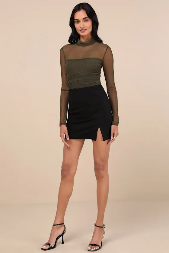 Clearly Alluring Olive Green Mesh Long Sleeve Mock Neck Bodysuit sold by Lulus product image thumbnail 2