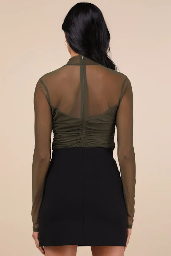 Clearly Alluring Olive Green Mesh Long Sleeve Mock Neck Bodysuit sold by Lulus product image thumbnail 3
