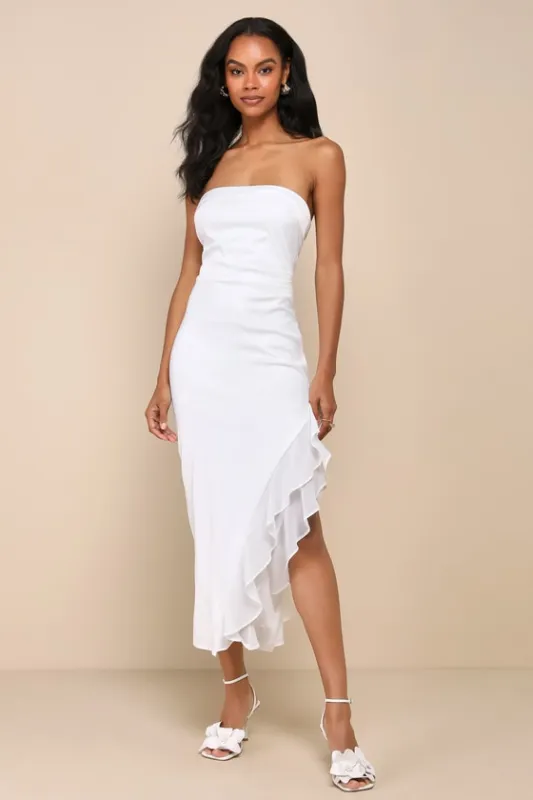 Graceful Perfection White Satin Ruffled Strapless Midi Dress sold by Lulus