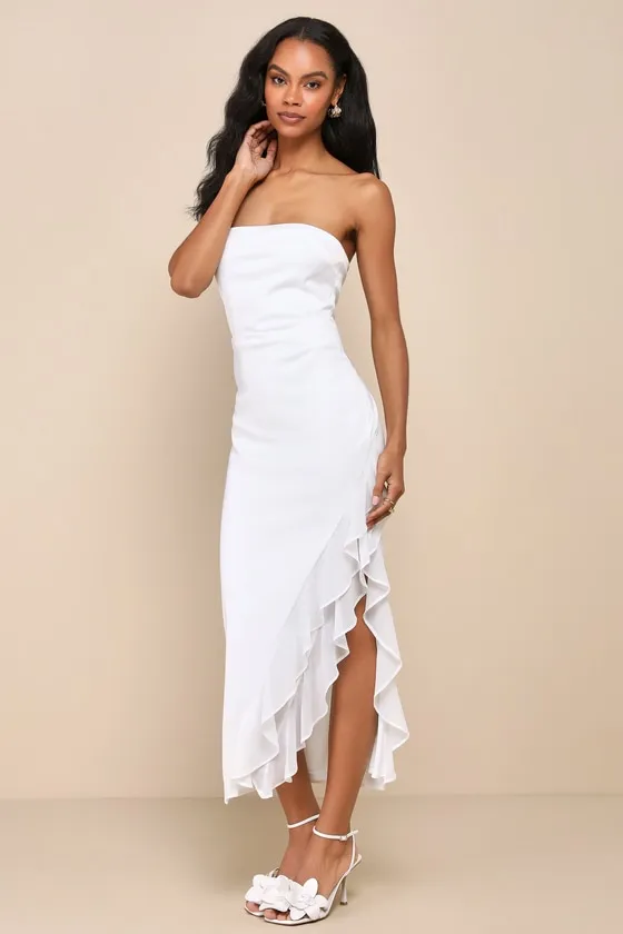 Graceful Perfection White Satin Ruffled Strapless Midi Dress sold by Lulus product image thumbnail 2