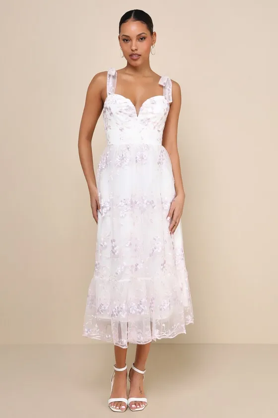 Distinctly Sweet White Floral Embroidered Tie-Strap Midi Dress sold by Lulus