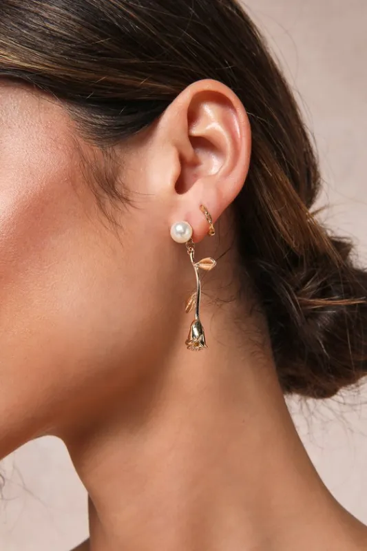 Rosy Outlook Gold Pearl Floral Rose Drop Earrings sold by Lulus