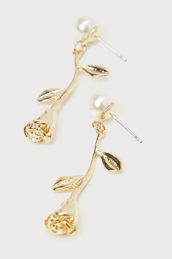Rosy Outlook Gold Pearl Floral Rose Drop Earrings sold by Lulus product image thumbnail 2