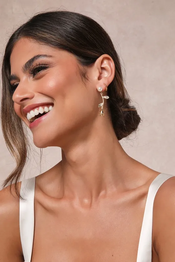 Rosy Outlook Gold Pearl Floral Rose Drop Earrings sold by Lulus product image thumbnail 3