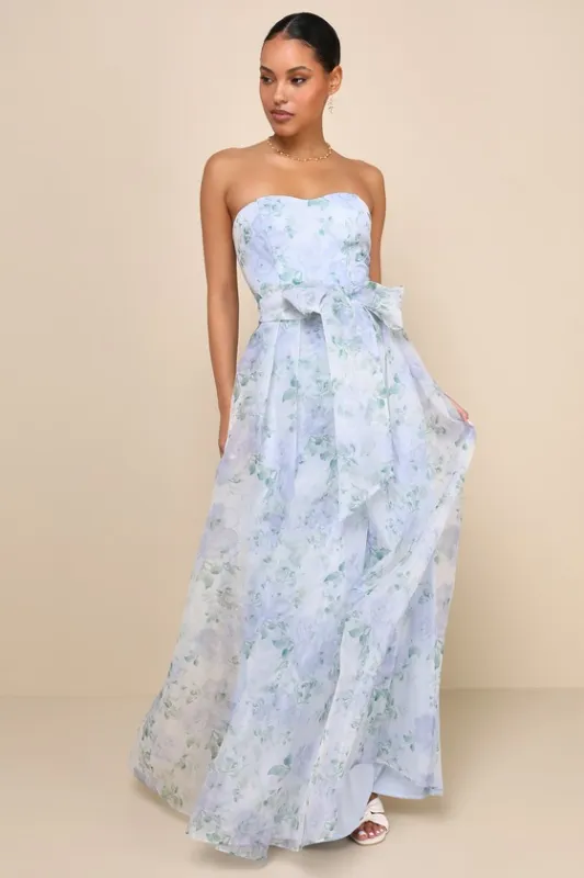 Charming Sweetness Periwinkle Floral Organza Pleated Maxi Dress sold by Lulus