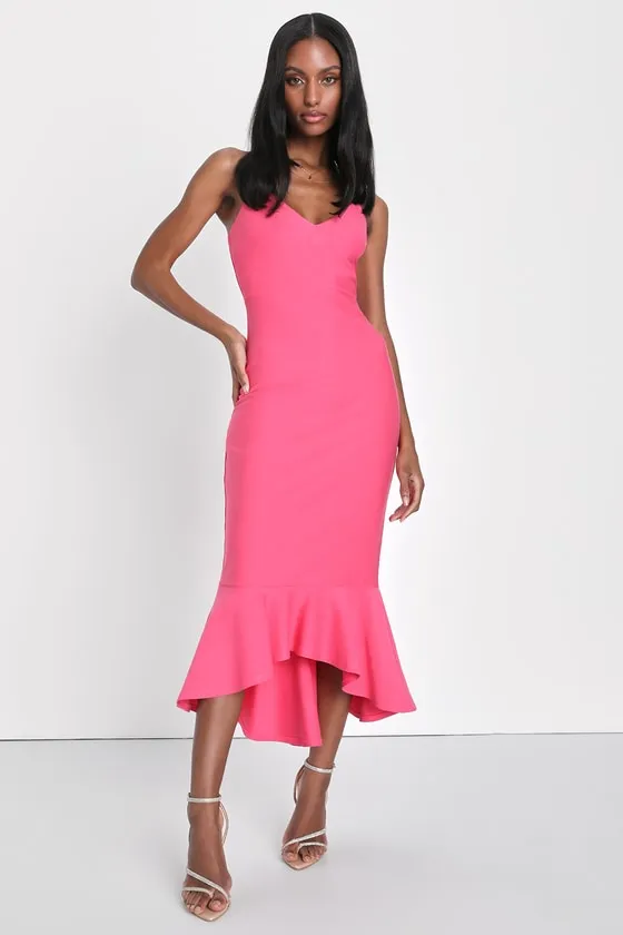 Stun Like Me Hot Pink Bodycon Trumpet Hem Midi Dress sold by Lulus