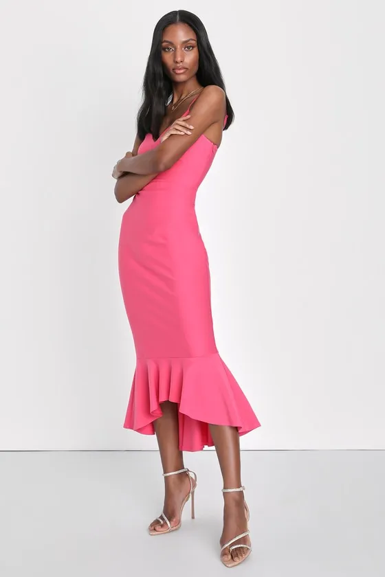 Stun Like Me Hot Pink Bodycon Trumpet Hem Midi Dress sold by Lulus product image thumbnail 3